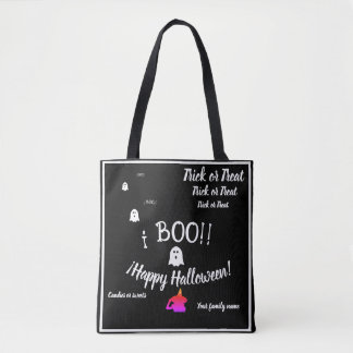 trick or treat,name, halloween personalised, boo! tote bag