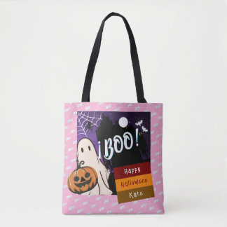 trick or treat,name persolalized halloween pink tote bag