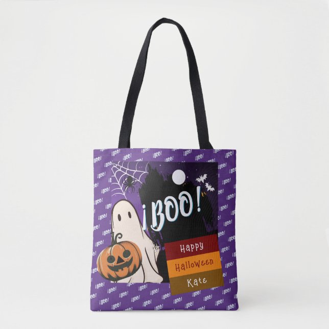 trick or treat,name persolalized halloween pink tote bag (Front)