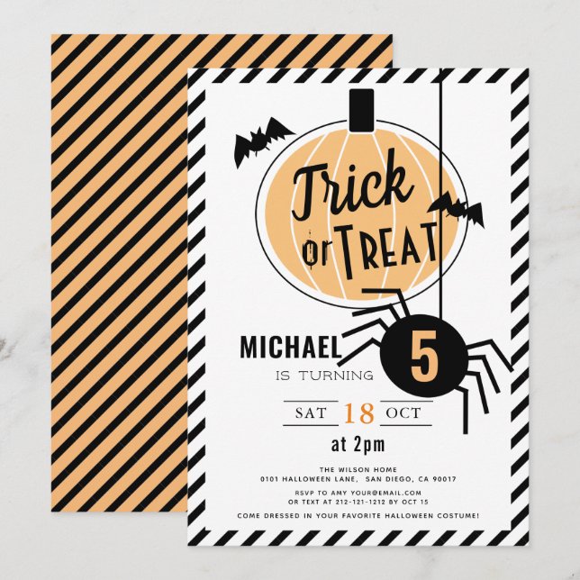 Trick or Treat Orange Pumpkin Halloween Birthday Invitation (Front/Back)