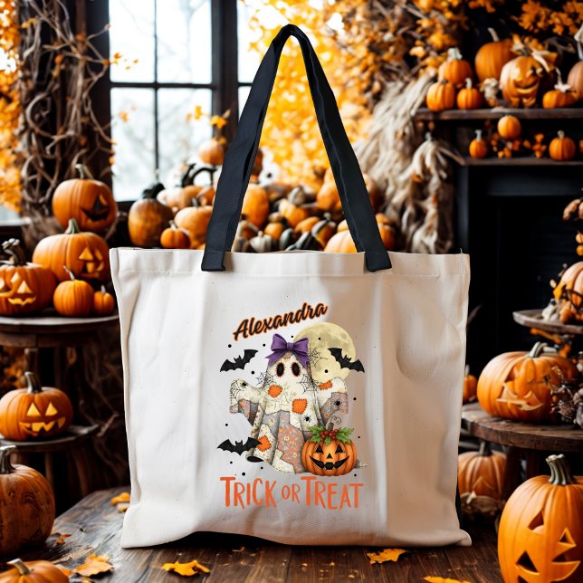 Trick or Treat Patchwork Ghost Halloween Custom  Tote Bag (Creator Uploaded)