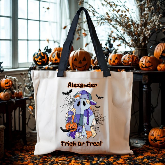 Trick or Treat Patchwork Ghost Halloween Custom Tote Bag (Creator Uploaded)