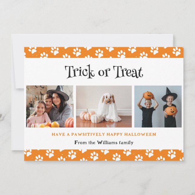 Trick or Treat Paws Pet Orange Photo Halloween  Holiday Card (Front)