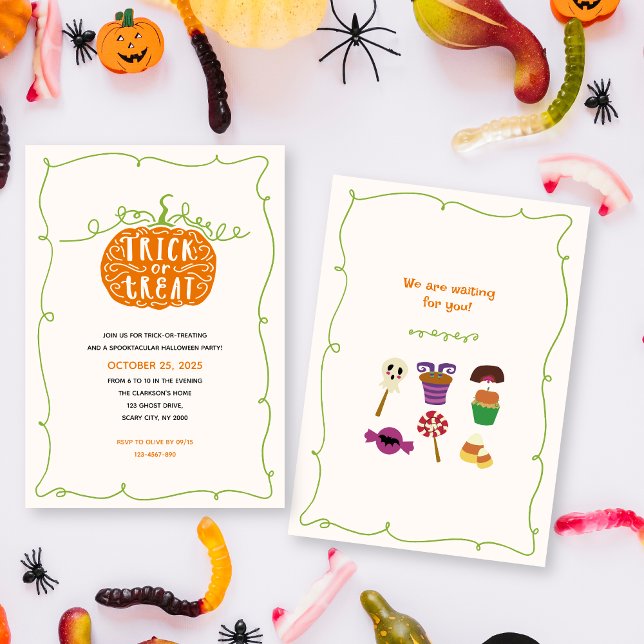 Trick or Treat Pumpkin & Candy Halloween Party Invitation (Creator Uploaded)