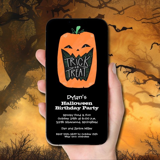 Trick or Treat Pumpkin Halloween Birthday Invitation (Trick or Treat Pumpkin Halloween Birthday Invitations - INSTANT DOWNLOAD and/or printed)
