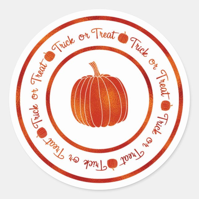 Trick or Treat & Pumpkin Orange Glam Halloween Classic Round Sticker (Front)