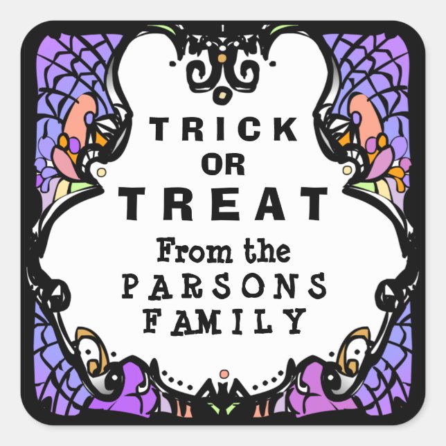Trick or Treat Purple White & Black Halloween Square Sticker (Front)