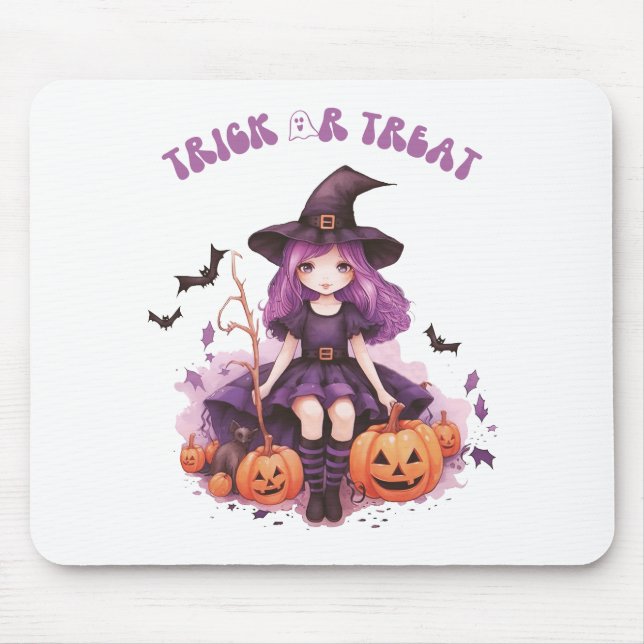 Trick or Treat Purple Witch Pumpkins & Bats Mouse Pad (Front)