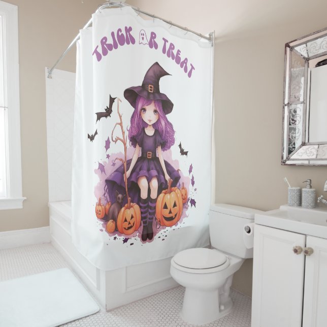 Trick or Treat Purple Witch Pumpkins & Bats Shower Curtain (In Situ)