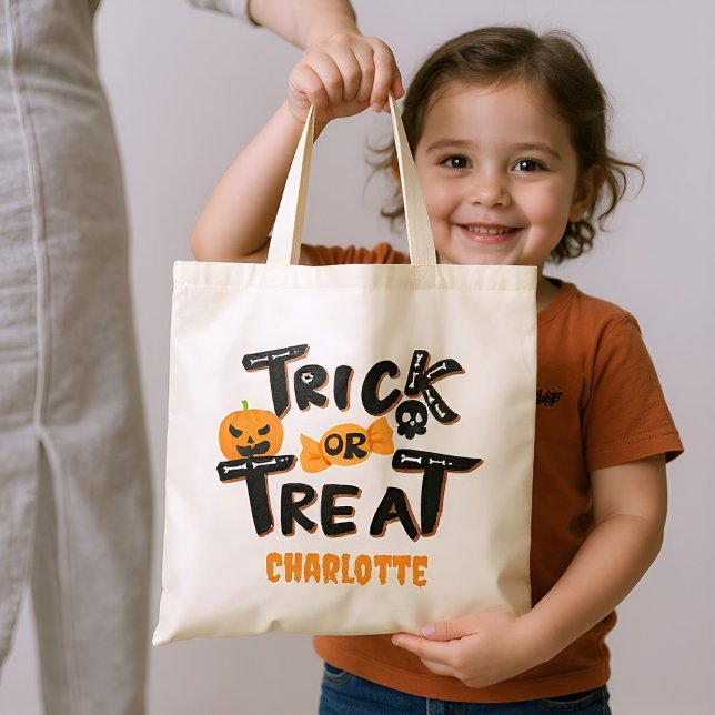 Trick Or Treat Retro Simple Personalised Halloween Tote Bag (Creator Uploaded)