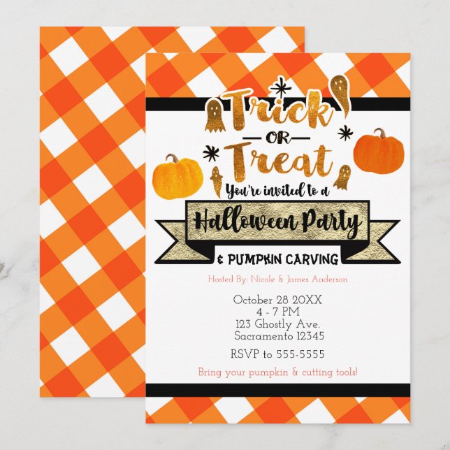 Trick or Treat Rustic Orange Halloween Party Invitation (Front/Back)
