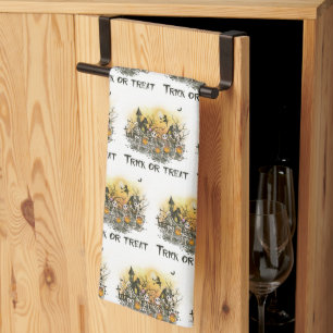 Trick or Treat Skeletons Witch White Halloween Tea Towel