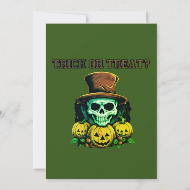 Trick or treat? Skull and pumpkin Save The Date (Front)