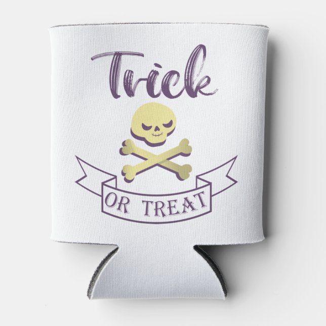 Trick or treat skull crossbones Halloween ribbon Can Cooler (Front)