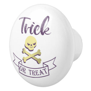 Trick or treat skull crossbones Halloween ribbon Ceramic Knob