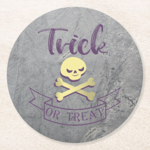 Trick or treat skull crossbones Halloween ribbon Round Paper Coaster