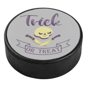 Trick or treat skull crossbones Halloween ribbon T Hockey Puck