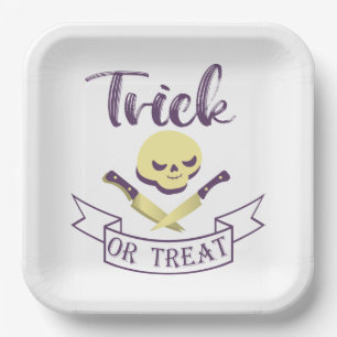 Trick or treat skull crossbones Halloween ribbon T Paper Plate