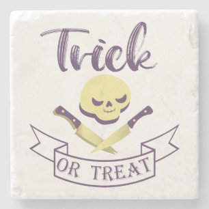 Trick or treat skull crossbones Halloween ribbon T Stone Coaster