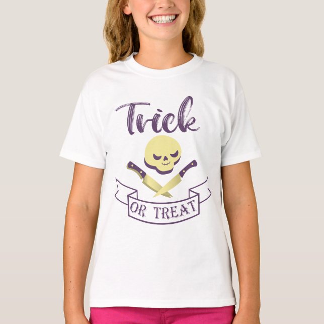 Trick or treat skull crossbones Halloween ribbon T T-Shirt (Front)