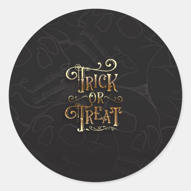 Trick or Treat Skulls Black & Gold Halloween Party Classic Round Sticker (Front)
