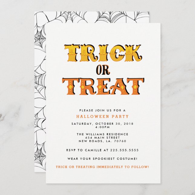 Trick or Treat Spider Halloween Party Invitation (Front/Back)