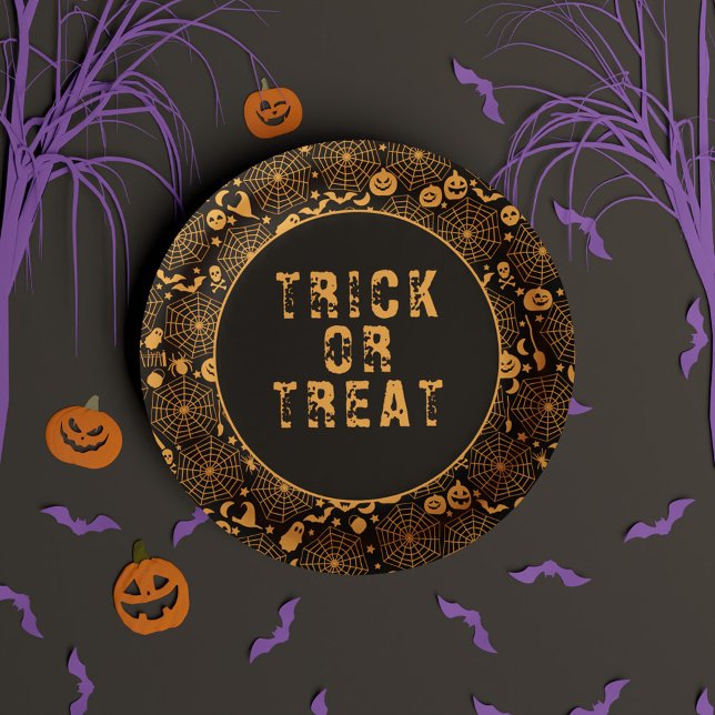 Trick or Treat Spooky Orange and Black Halloween Paper Plate (Trick or Treat Spooky Orange and Black Halloween Paper Plates)