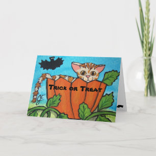 Trick or Treat Tabby Cat Halloween Pumpkin Card