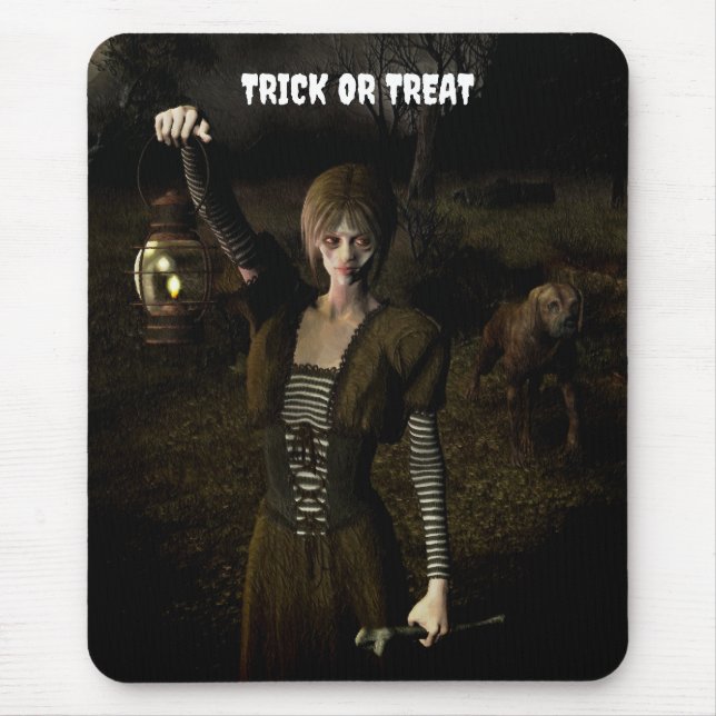 Trick or Treat. Thin female carrying lamp Mouse Pad (Front)