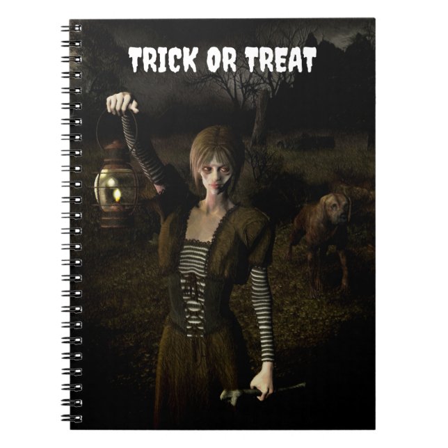 Trick or Treat. Thin female carrying lamp Notebook (Front)
