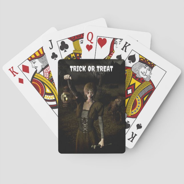 Trick or Treat. Thin female carrying lamp Playing Cards (Back)