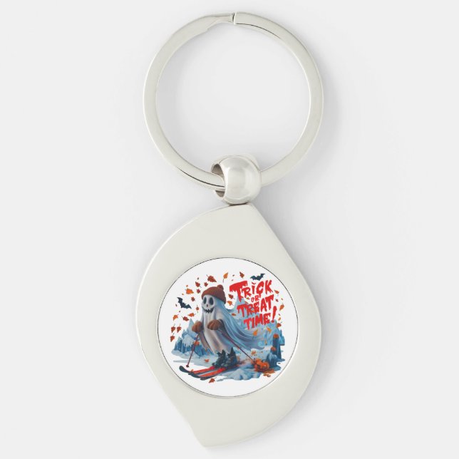 Trick or Treat Time: Ghost Skiing Fun Design  Key Ring (Front)