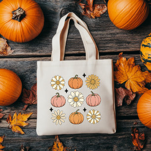 Trick or Treat Tote Bag   Retro Pumpkin Flower Bag