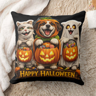 Trick or treat trio whimsical happy Halloween deco Cushion
