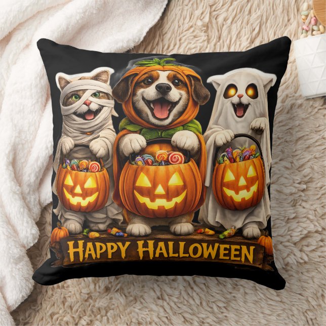 Trick or treat trio whimsical happy Halloween deco Cushion (Blanket)
