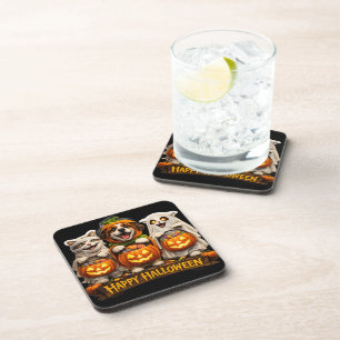 Trick or treat trio whimsical happy Halloween Squa Coaster