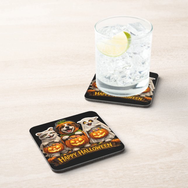 Trick or treat trio whimsical happy Halloween Squa Coaster (Right Side)