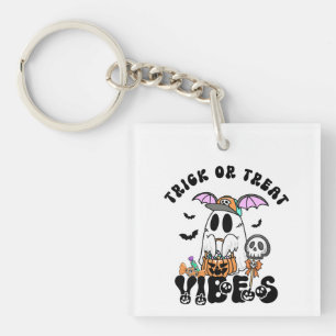 Trick or Treat Vibes Retro Cute Ghost Pumpkin Key Ring