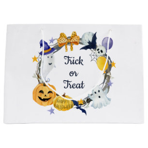 Trick or Treat Watercolor Pumpkin & Ghosts Wreath Large Gift Bag