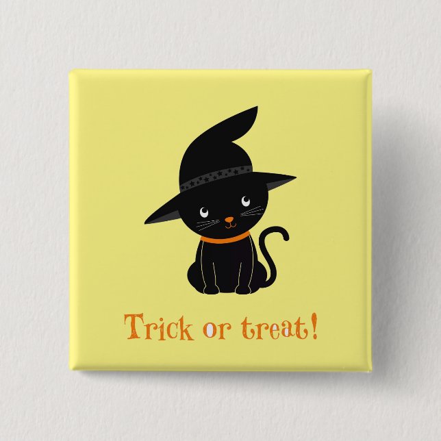 Trick Or Treat Witch Cat Button Pin (Front)