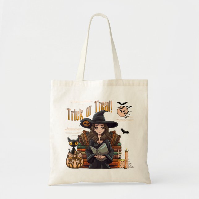 Trick or Treat Witch Halloween Coquette Tote Bag (Front)