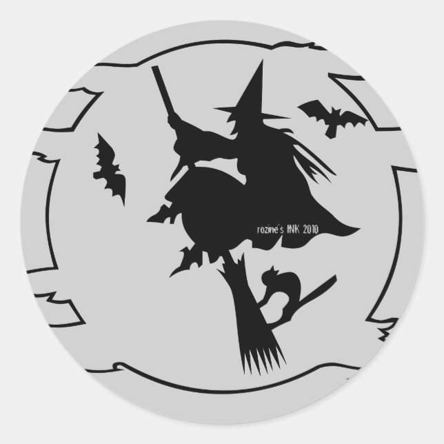 Trick or Treat Witch on Broom w/ Bats + Black Cat Classic Round Sticker (Front)