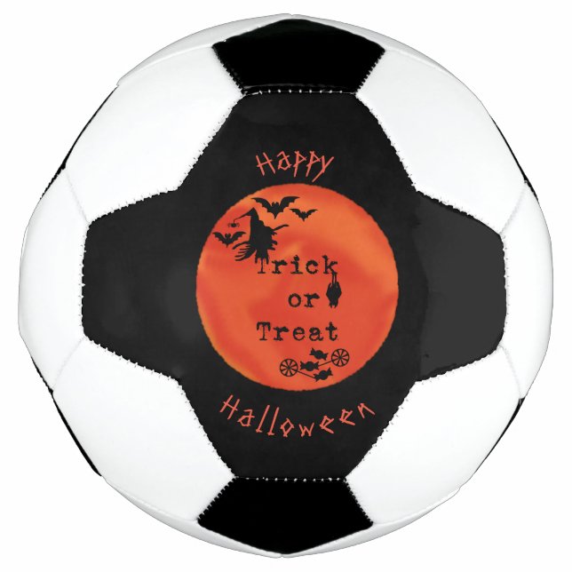 Trick or Treat with Witch & Bats on Orange Moon Soccer Ball (Front)