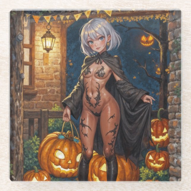 Trick or Treater, Brave Halloween Costume Girl Glass Coaster (Front)