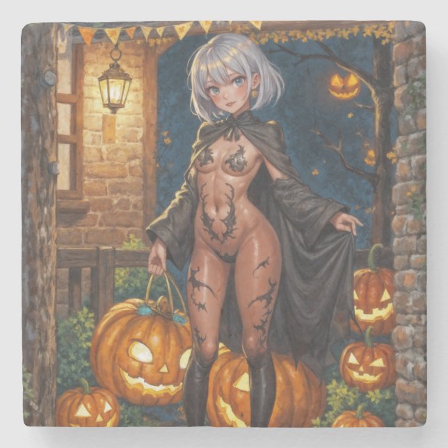 Trick or Treater, Brave Halloween Costume Girl Stone Coaster (Front)