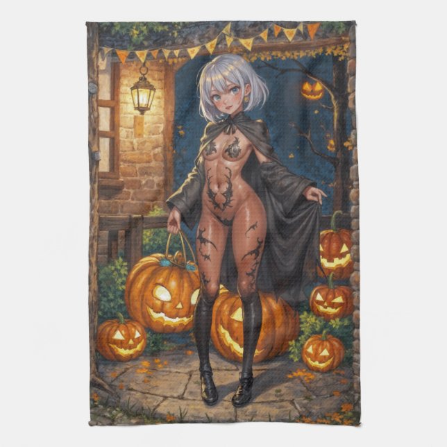 Trick or Treater, Brave Halloween Costume Girl Tea Towel (Vertical)