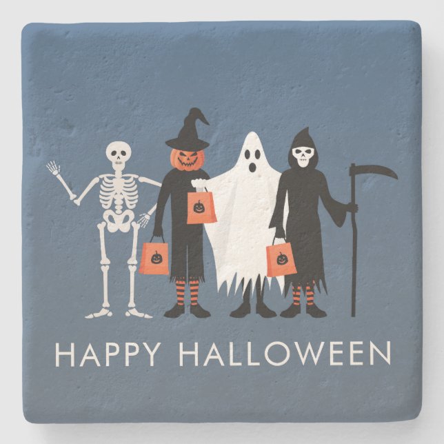 Trick or Treaters Halloween Stone Coaster (Front)
