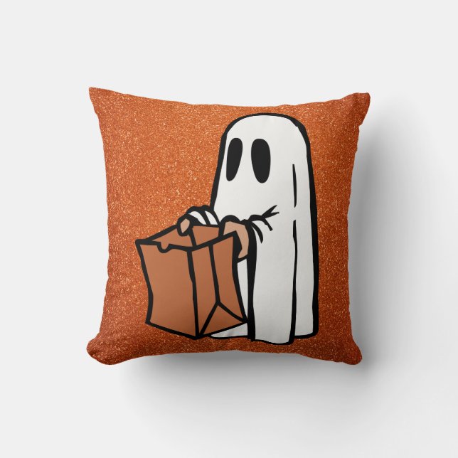 Trick or Treating Ghost Orange Faux Glitter Cushion (Front)