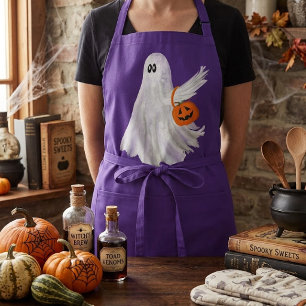 Trick Or Treating Ghost With Pumpkin Candy Bucket Apron