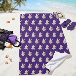 Trick Or Treating Ghost With Pumpkin Candy Bucket Beach Towel